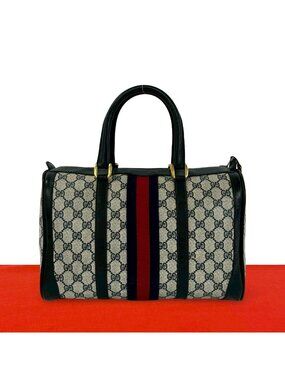 Gucci Vintage Sherry Line GG Logo Leather Mini Boston Bag Navy
